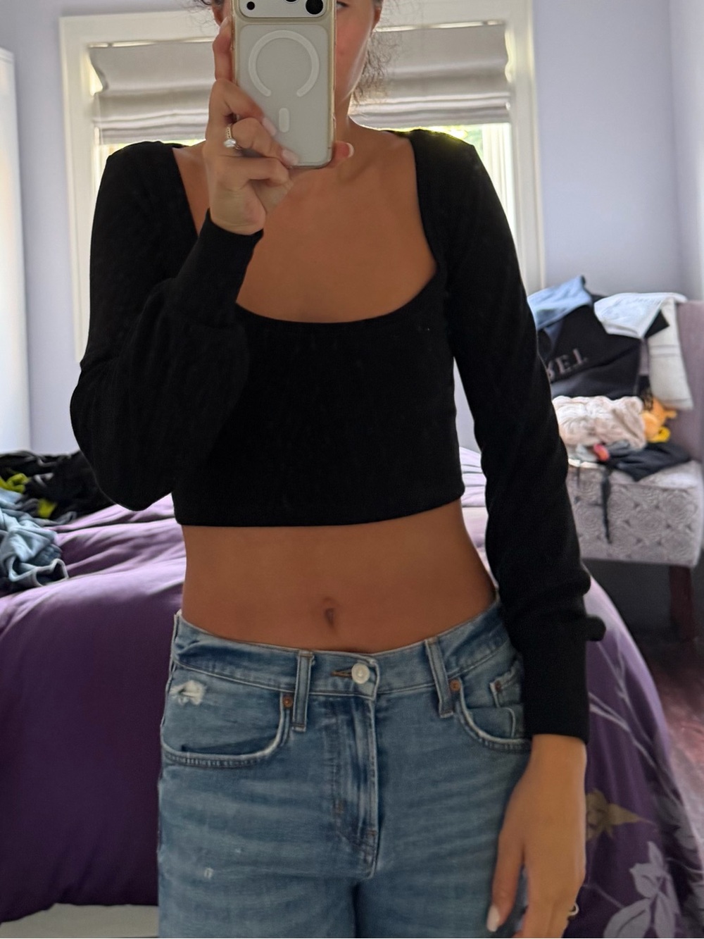 Babaton Black Long-Sleeve Square-Neck Crop Top